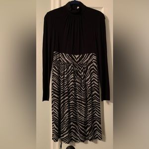 Trina Turk dress with high neck and pleating/ruching, black and gray, size 2